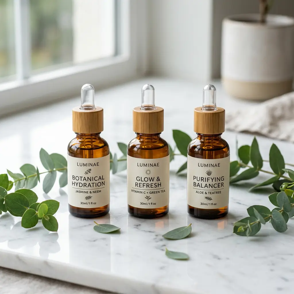 Clean beauty skincare product lineup with minimalist serum bottles