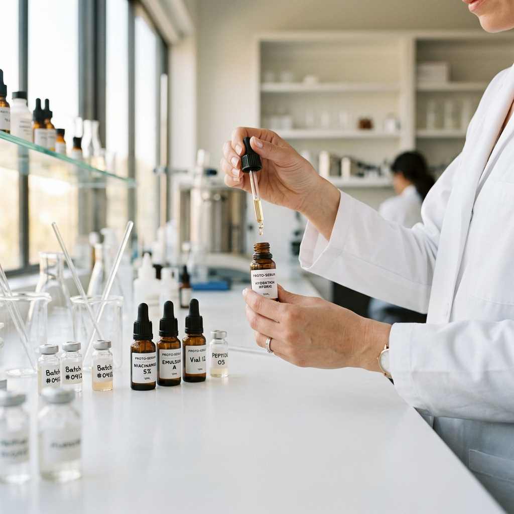 Cosmetic scientist formulating anti-aging serum in laboratory