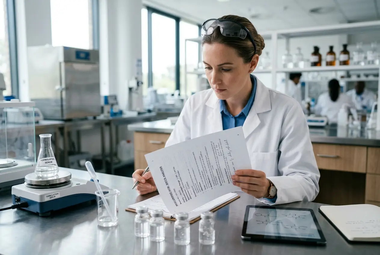 Skincare scientist evaluating hyaluronic acid serum formula