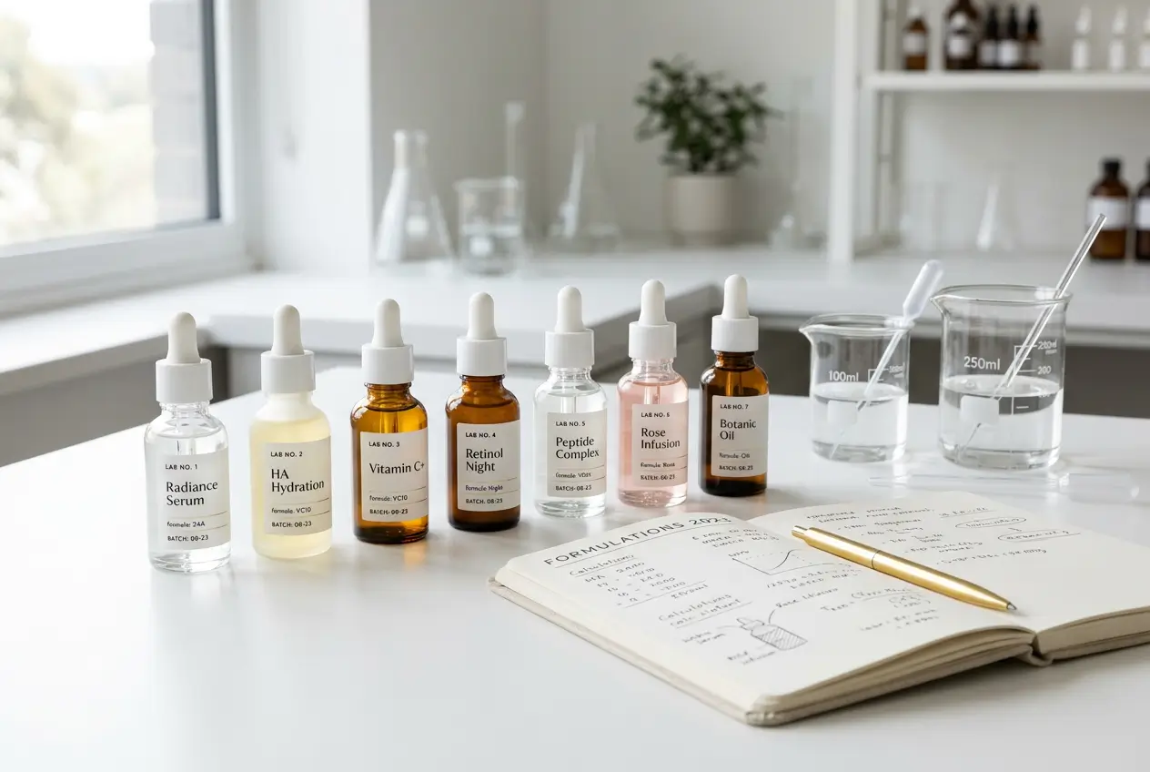 Multiple luxury facial serum formula prototypes in laboratory