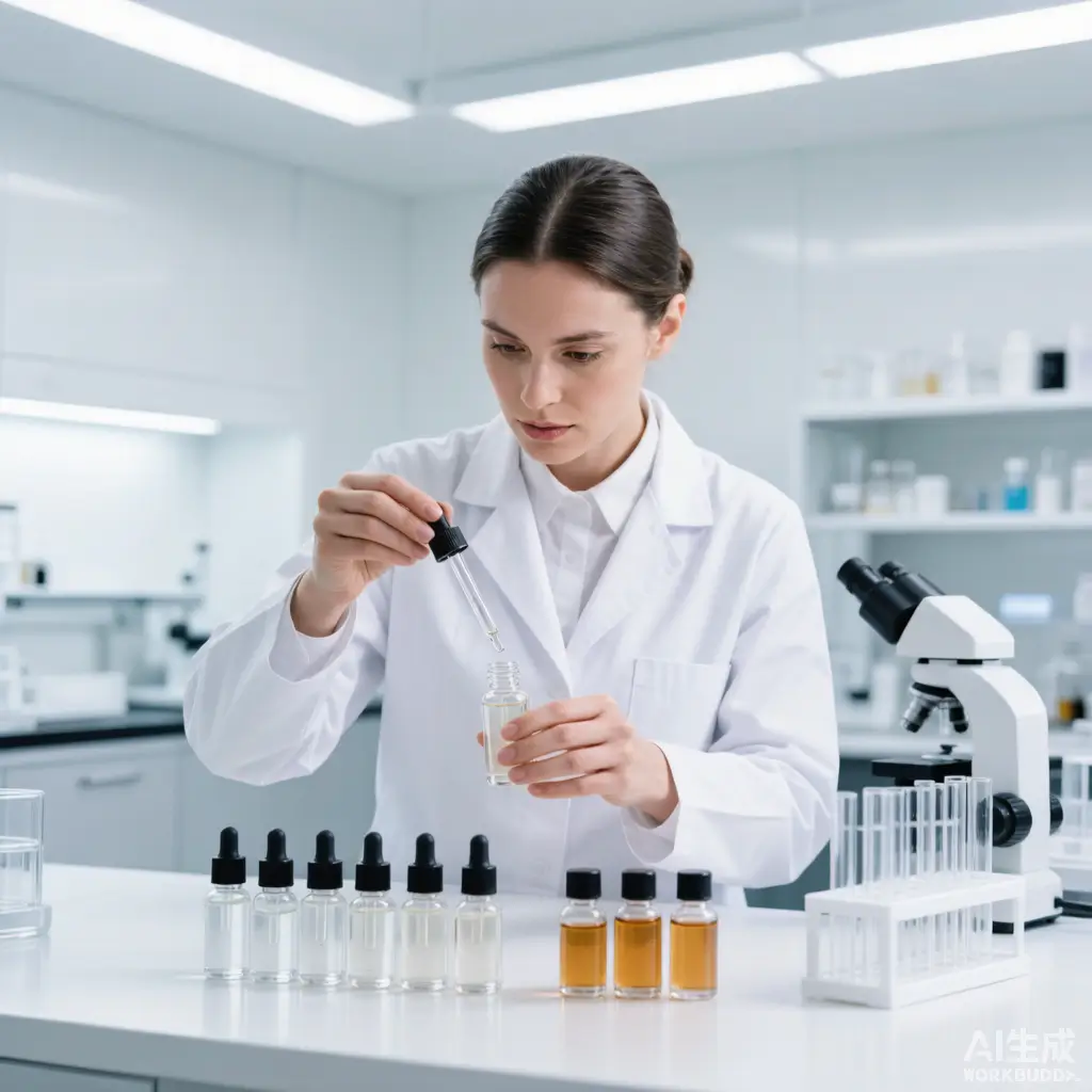 Skincare scientist formulating serum in lab